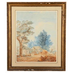 19th Century Landscape Watercolour Painting with Farmstead, Drover and Horse and