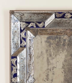 Miroir italien du XIXe siècle en verre bleu cobalt et verre transparent