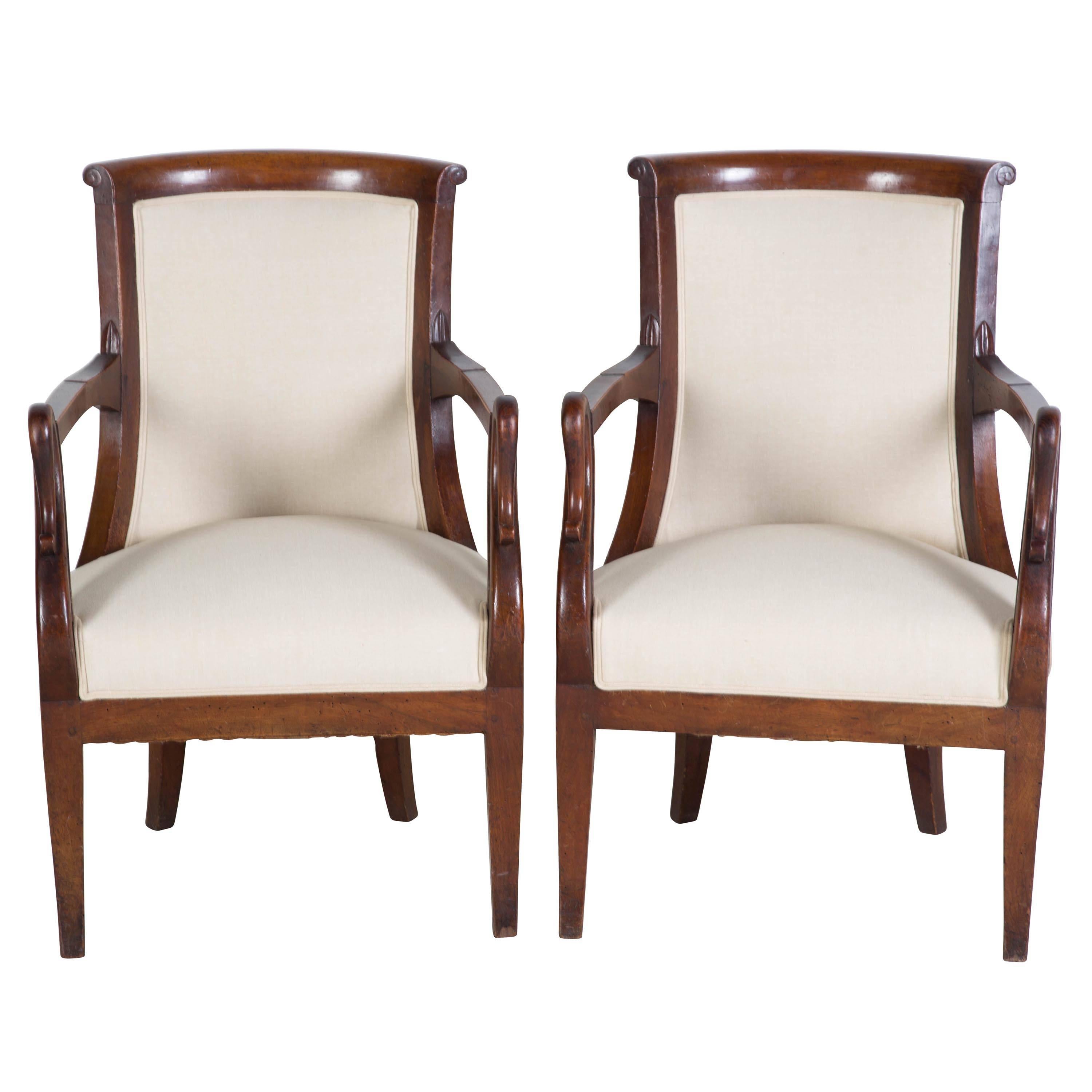 French Pair of Empire Walnut Fauteuils