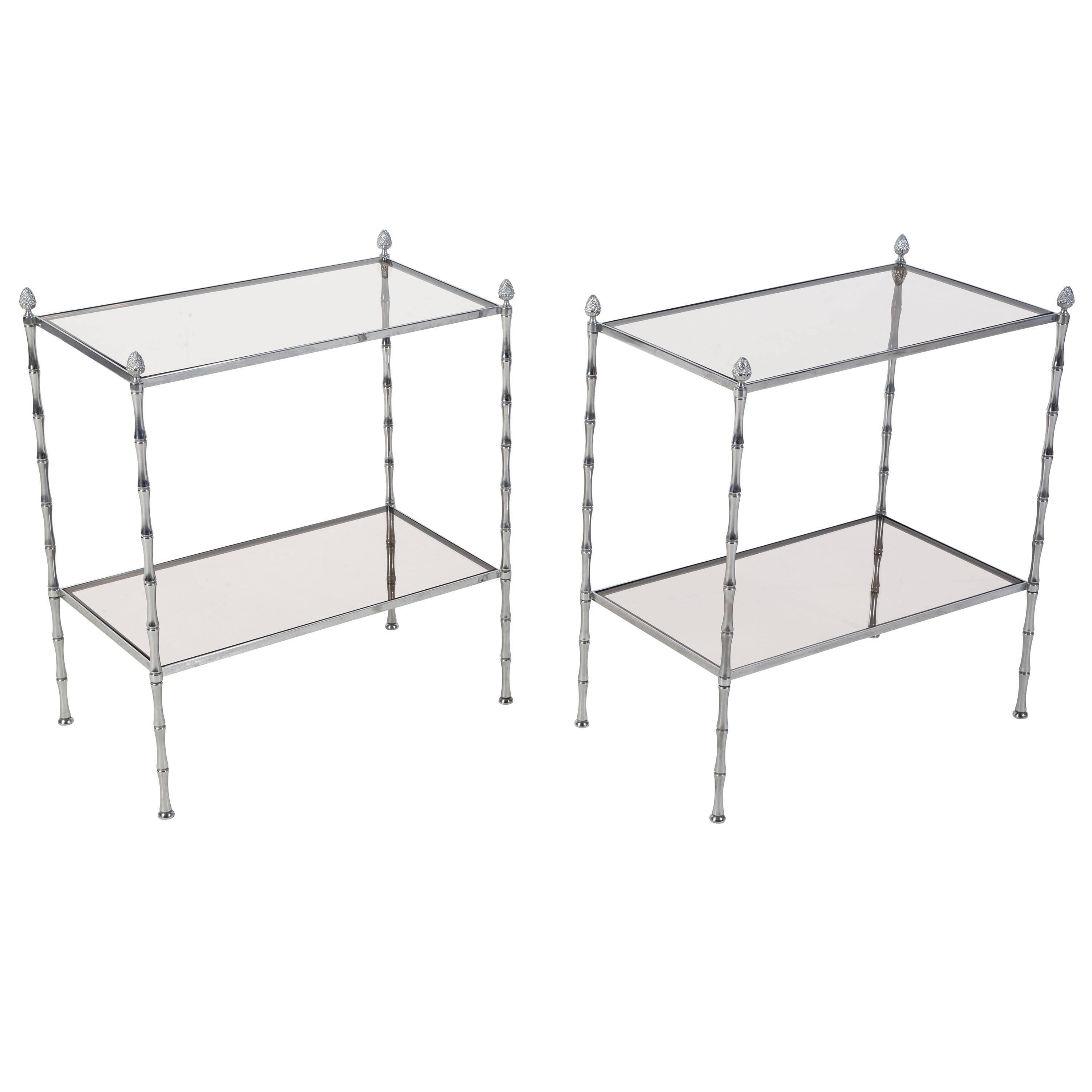 Beautiful pair of silvered faux-bamboo side tables, circa 1970 attributed to Maison Baguès.