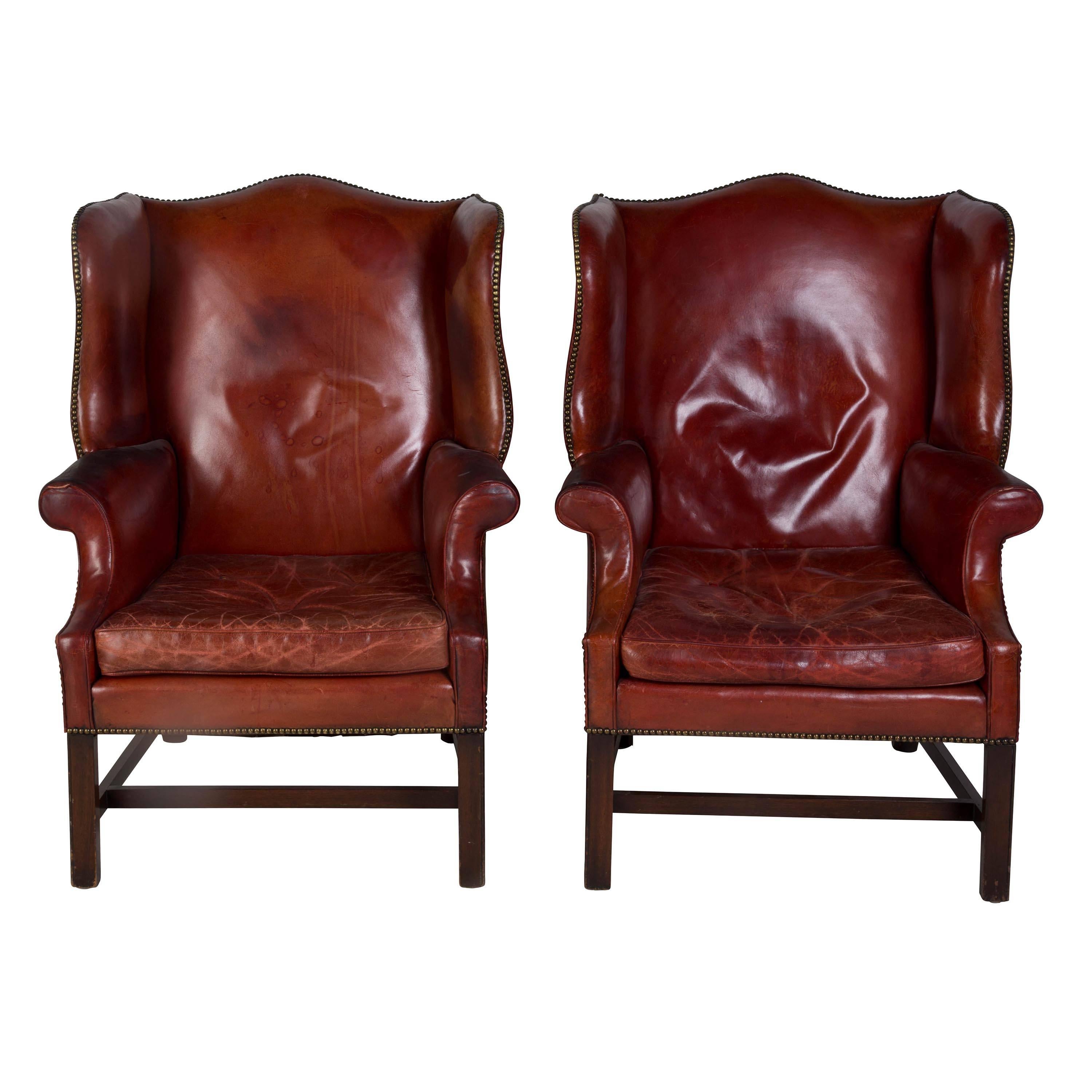 English Pair of Leather Wingback Armchairs