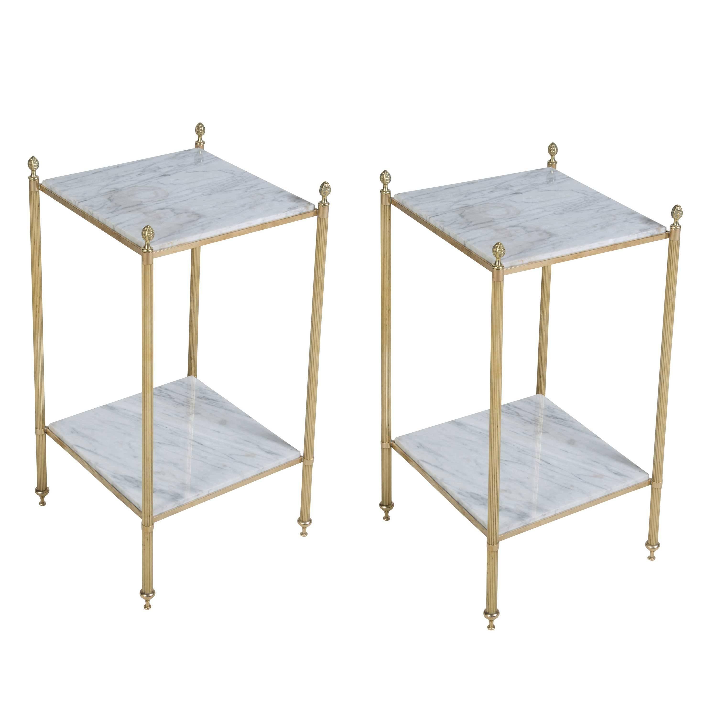 Pair of French 1970s Maison Jansen style brass and marble side tables.