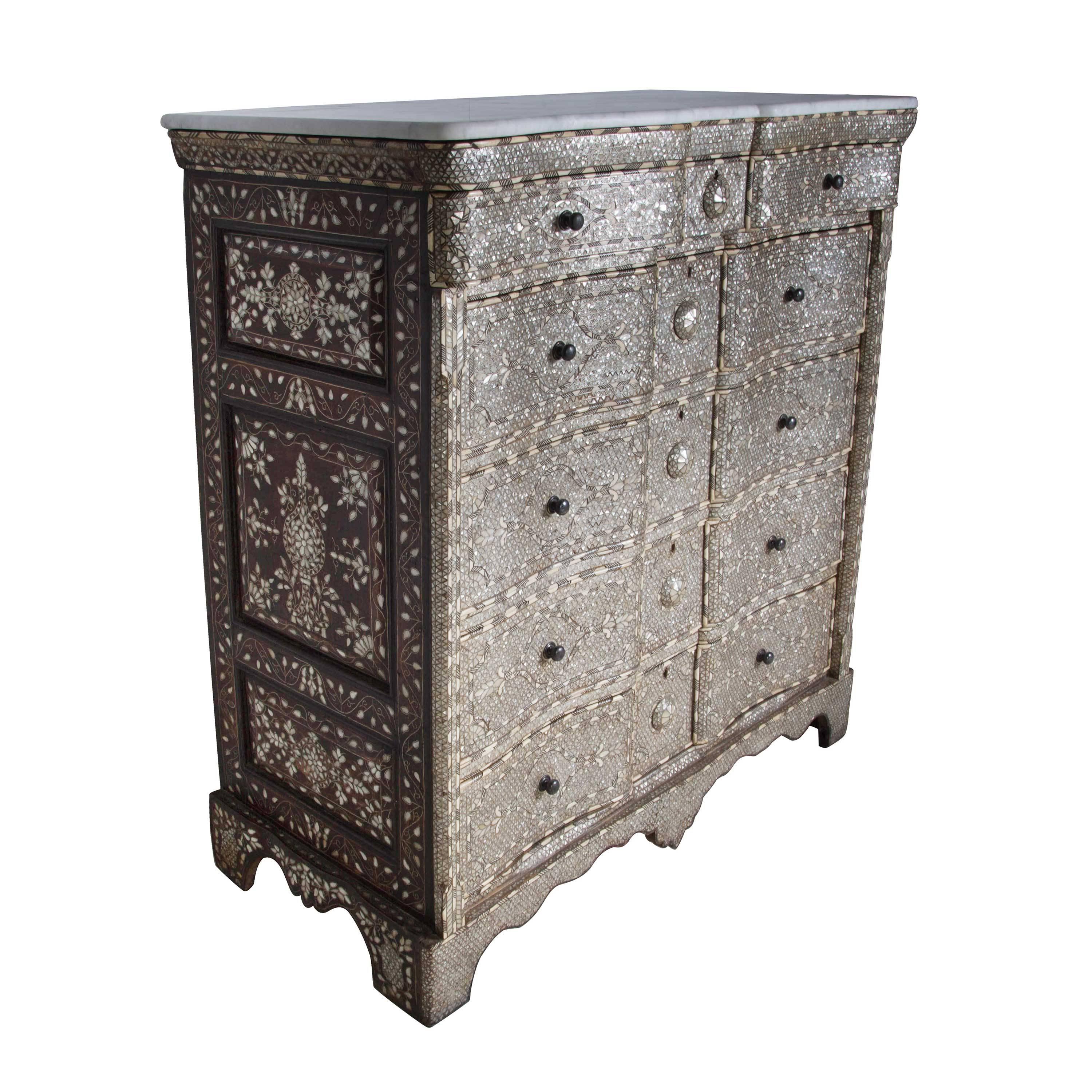 Rare and exceptional Syrian chest. Profusely decorated with mother-of-pearl, camel bone and white metal, circa 1910.