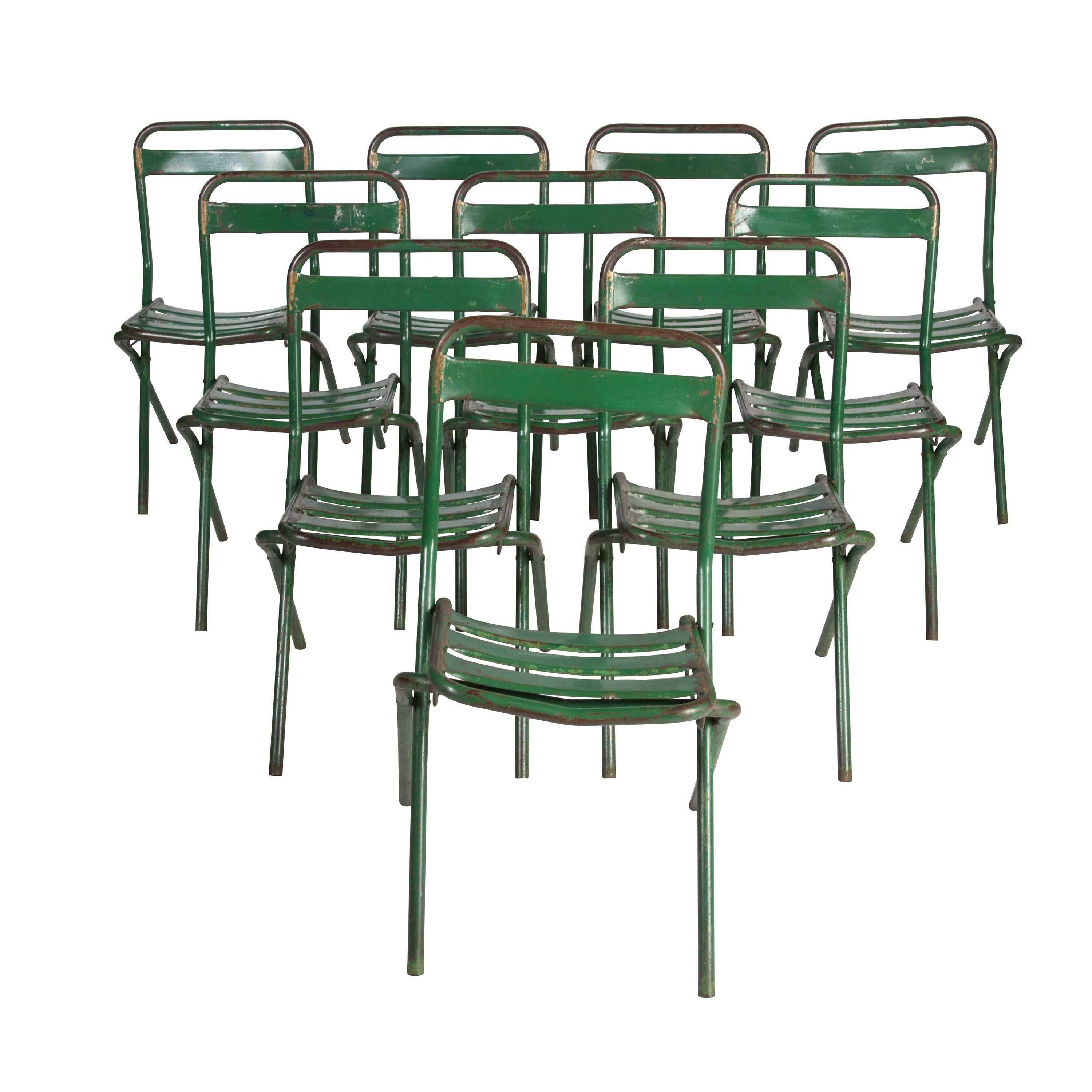 12 French Steel Industrial Folding Dining Chairs In Good Condition In Gloucestershire, GB