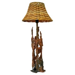Scandinavian mid century brutalist table lamp, copper and rattan, Sweden, 1960s