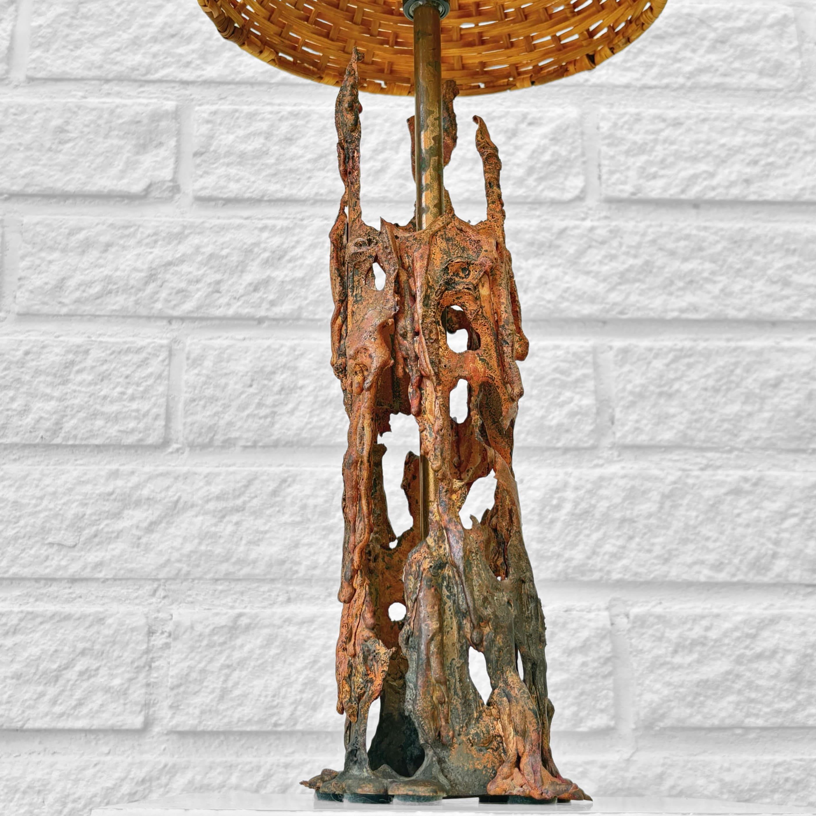Mid-20th Century Scandinavian mid century brutalist table lamp, copper and rattan, Sweden, 1960s For Sale