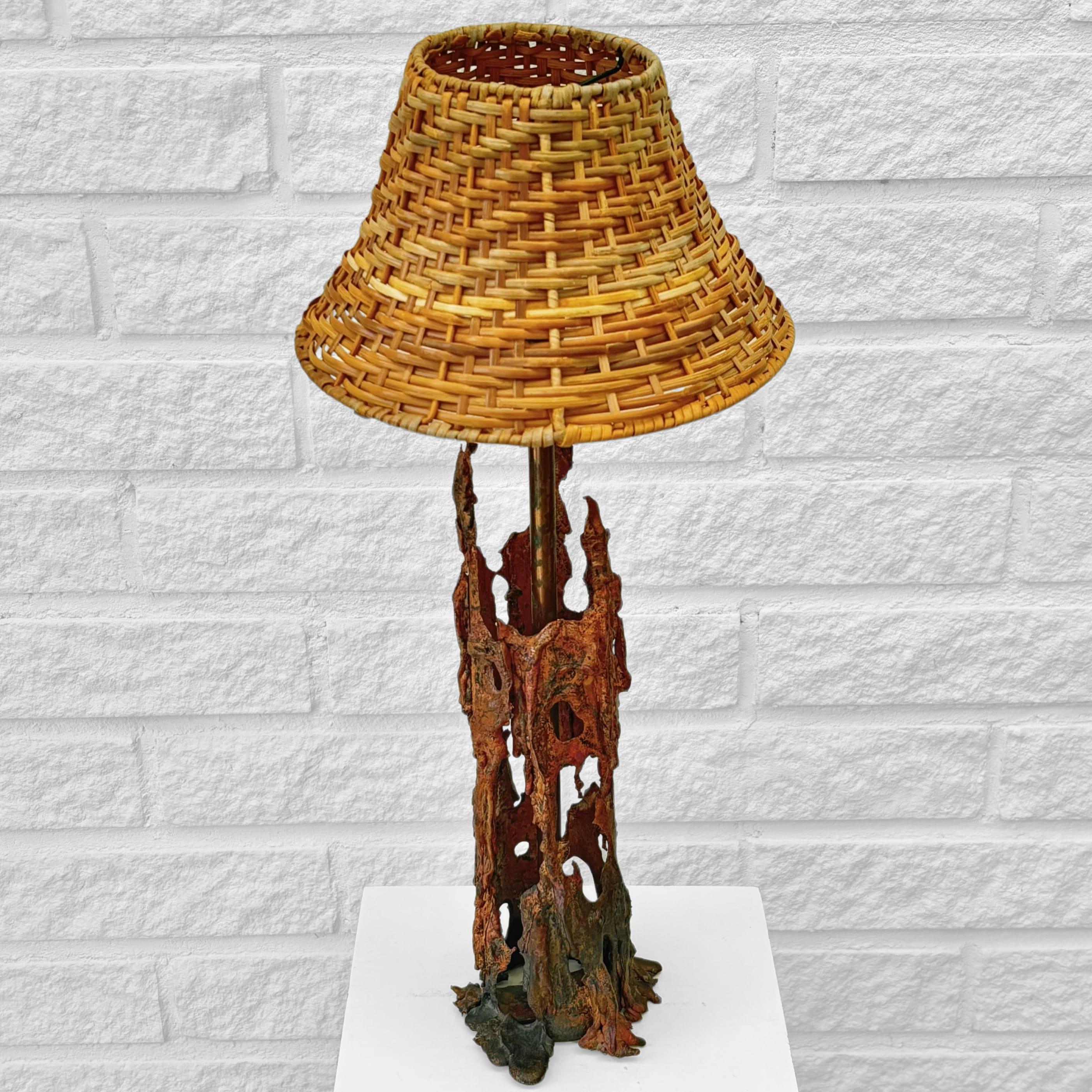 Swedish Scandinavian mid century brutalist table lamp, copper and rattan, Sweden, 1960s For Sale