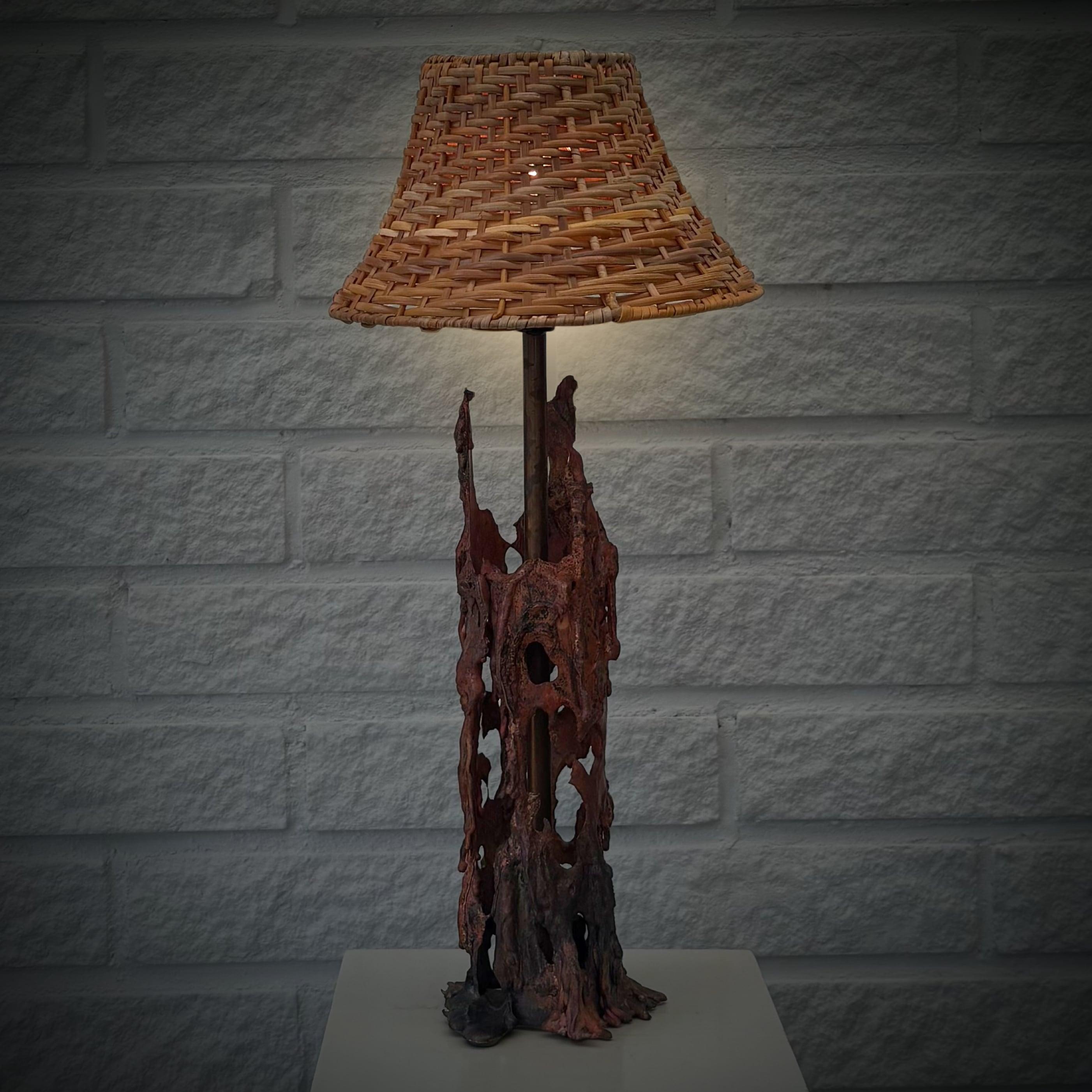 Brutalist Scandinavian mid century brutalist table lamp, copper and rattan, Sweden, 1960s For Sale