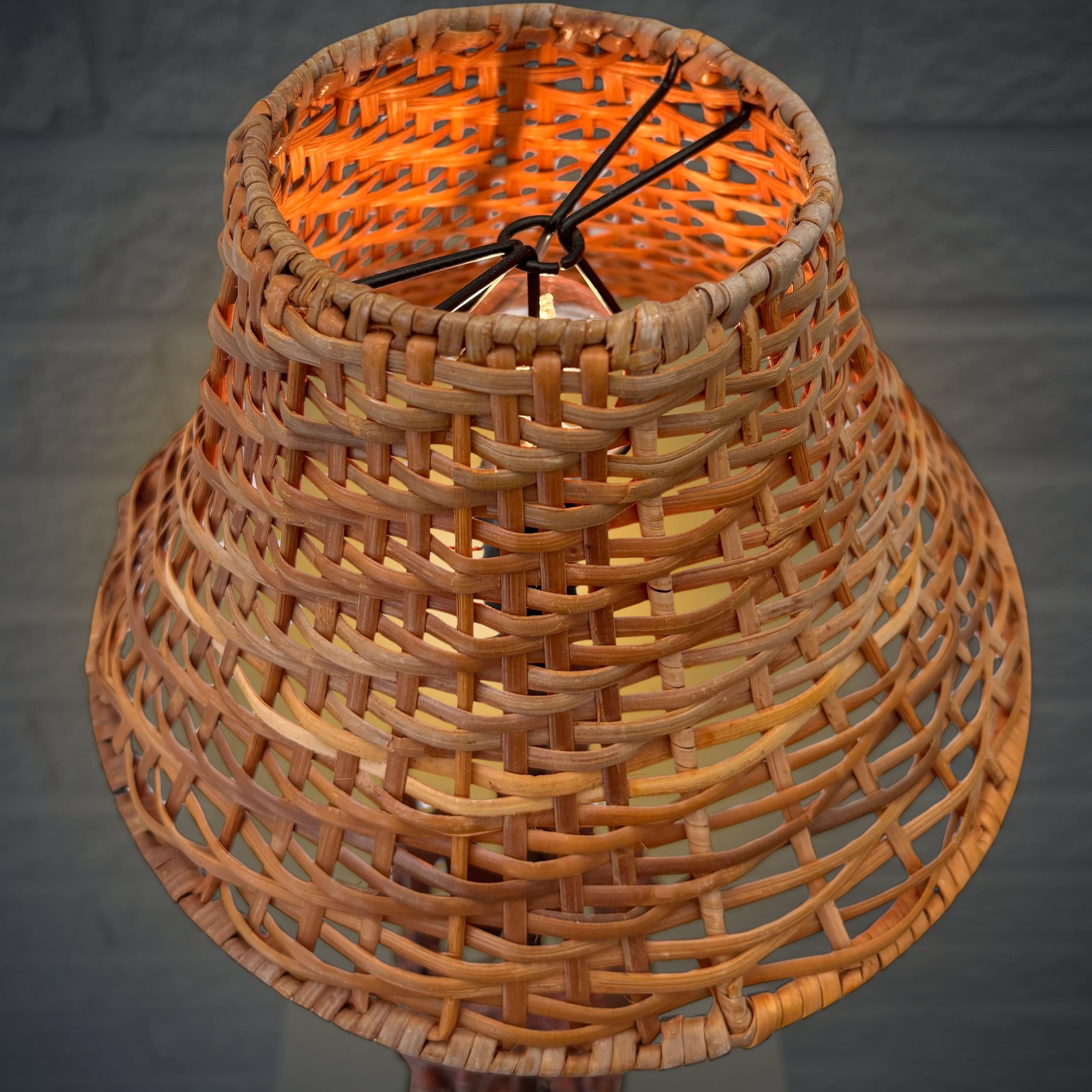 Scandinavian mid century brutalist table lamp, copper and rattan, Sweden, 1960s For Sale 2