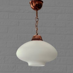 Scandinavian mid century pendant lamp, opal glass & copper, Sweden, 1950s