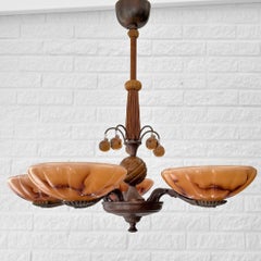 Swedish Grace 1930s chandelier, brass & glass with prisms, Art Deco