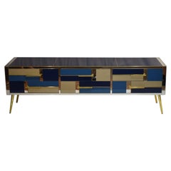 Cassettiera 6 cassetti, in vetro blu zaffiro, oro, blu, specchio, disponibile