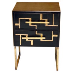 Coppia comodini  legno, vetro nero, intarsio in ottone stile anni 50