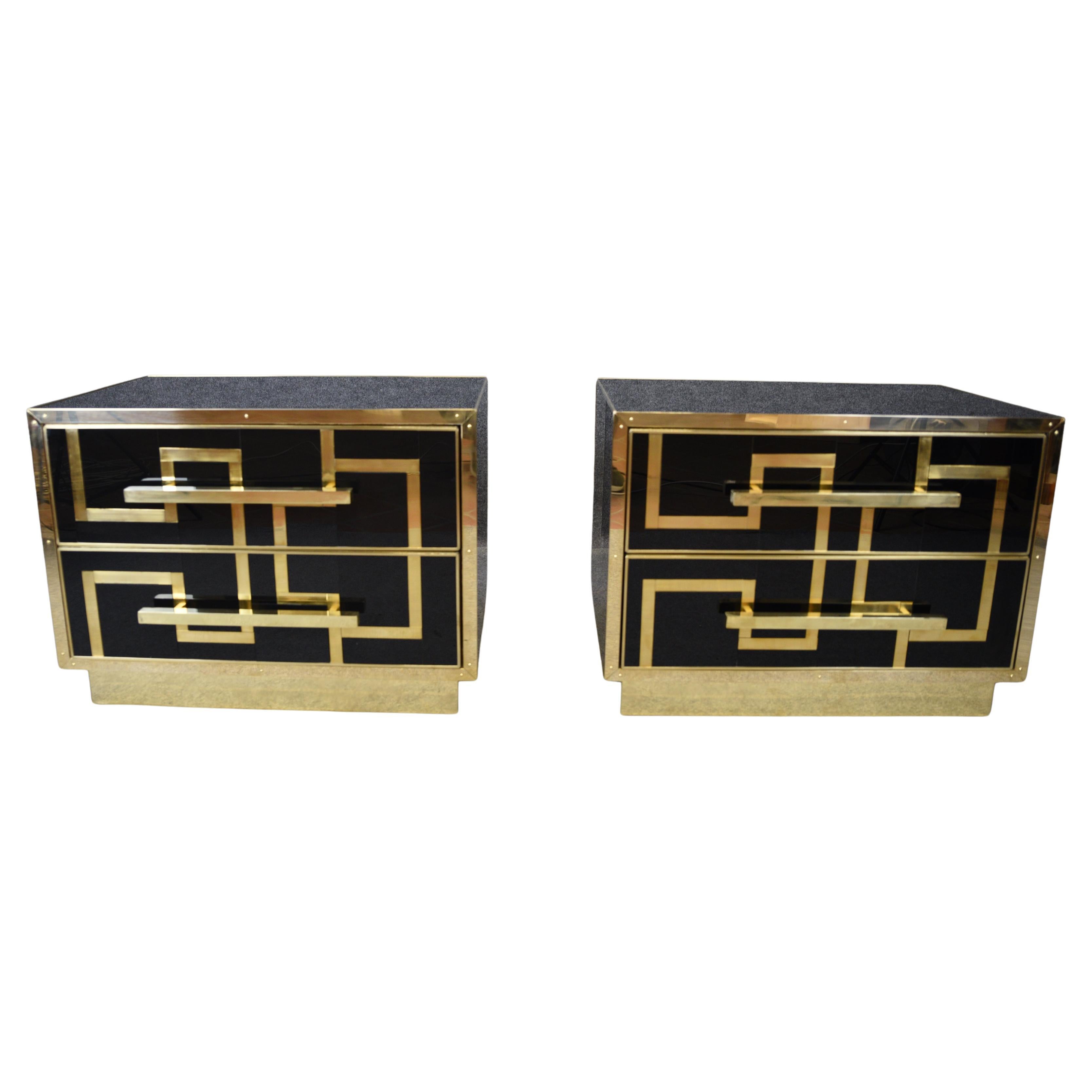 Coppia comodini  legno, vetro nero, intarsio in ottone stile anni 50