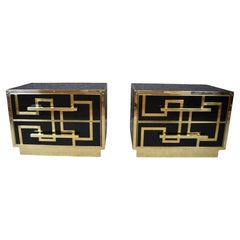 Coppia comodini  legno, vetro nero, intarsio in ottone stile anni 50