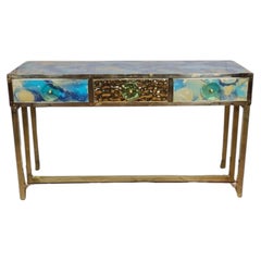 Modern Blue and Gold Murano Glass Console Table with 3 Drawers Available