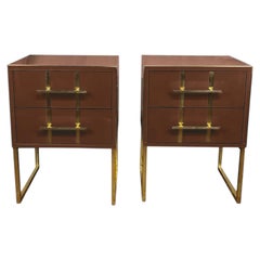 Pair of Brown Bedside Tables in Murano Glass, Brass and Grey Velvet Available