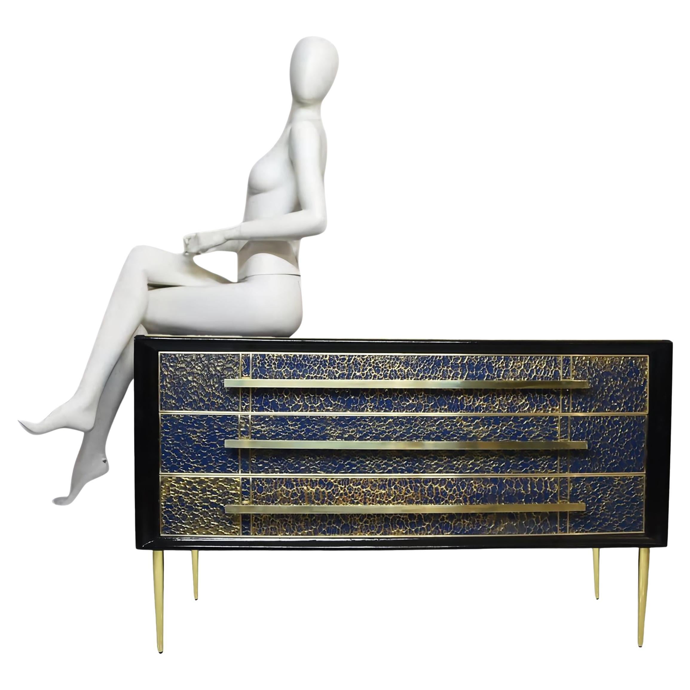 Chest of drawers, sapphire blue antique murano glass, gold leaf, brass, availabl