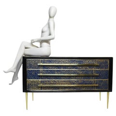 Commode, verre murano antique bleu saphir, feuille d'or, laiton, disponible sur demande