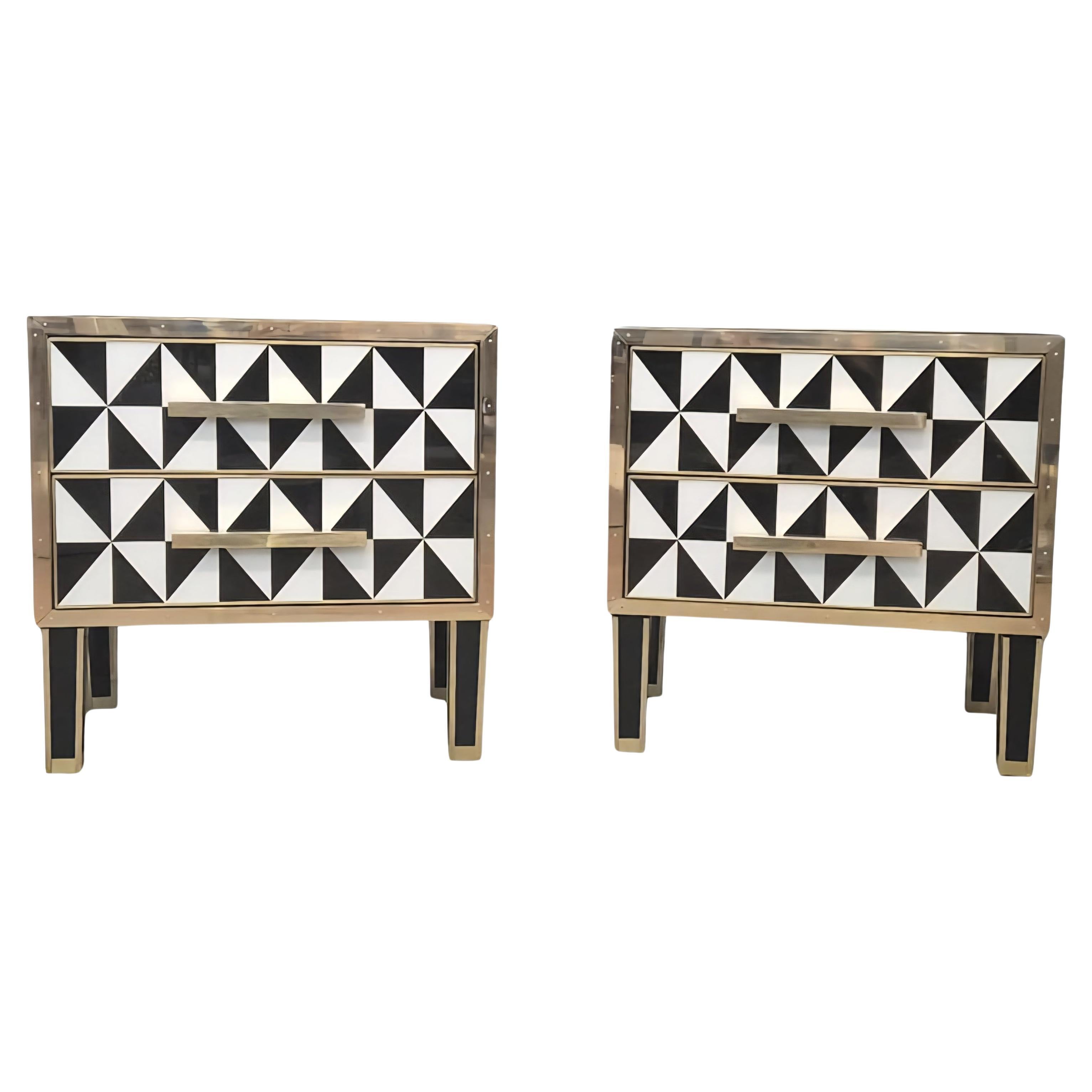 Pair  Murano Glass Bedside Tables with Brass Trim, 1950s Style Justfurnituress en vente