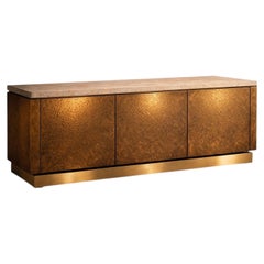 Hammered Brass Sideboard with Travertine Top, Modern Luxury Credenza