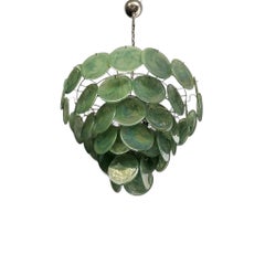 Contemporary Italian Green Iridescent Glass Disc Chandelier, Sculptural Design