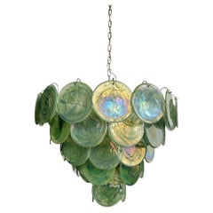 Contemporary Italian Green Iridescent Glass Disc Chandelier, Sculptural Design