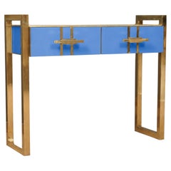 Italian-designed console table in light blue Murano glass and brass
