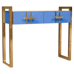Italian-designed console table in light blue Murano glass and brass