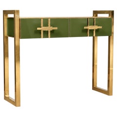 Mesa consola moderna de cristal de Murano en verde oliva con detalles en latón