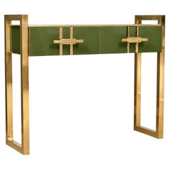 Mesa consola moderna de cristal de Murano en verde oliva con detalles en latón