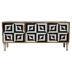 Modern Italian sideboard in black-and-white optical glass, wood, and brass