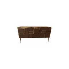Italian sideboard with three chocolate-colored glass doors and brass accents