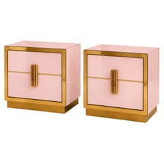 Blush Pink Glass and Brass Nightstands, Pair with Italian Plinth Base