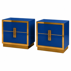 Sapphire Blue Glass and Polished Brass Bedside Cabinets, Italian Pair