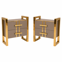 Taupe Glass Two-Drawer Nightstands with Architectural Brass Frames, Pair