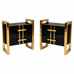 Black Glass and Brass Bedside Tables with Two Drawers, Italian Pair