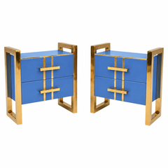 Cornflower Blue Glass Nightstands with Brass Frames and Drawers, Pair