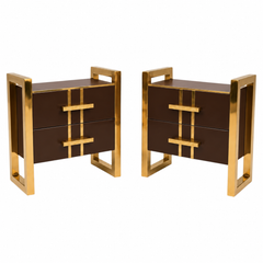 Chocolate Brown Glass Bedside Cabinets with Brass Frames, Pair, Italy