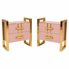 Blush Pink Two-Drawer Nightstands with Raised Brass Frames, Pair