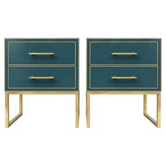 Petrol Teal Murano Glass Bedside Tables with Polished Brass, Italian Pair