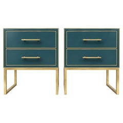 Petrol Teal Murano Glass Bedside Tables with Polished Brass, Italian Pair