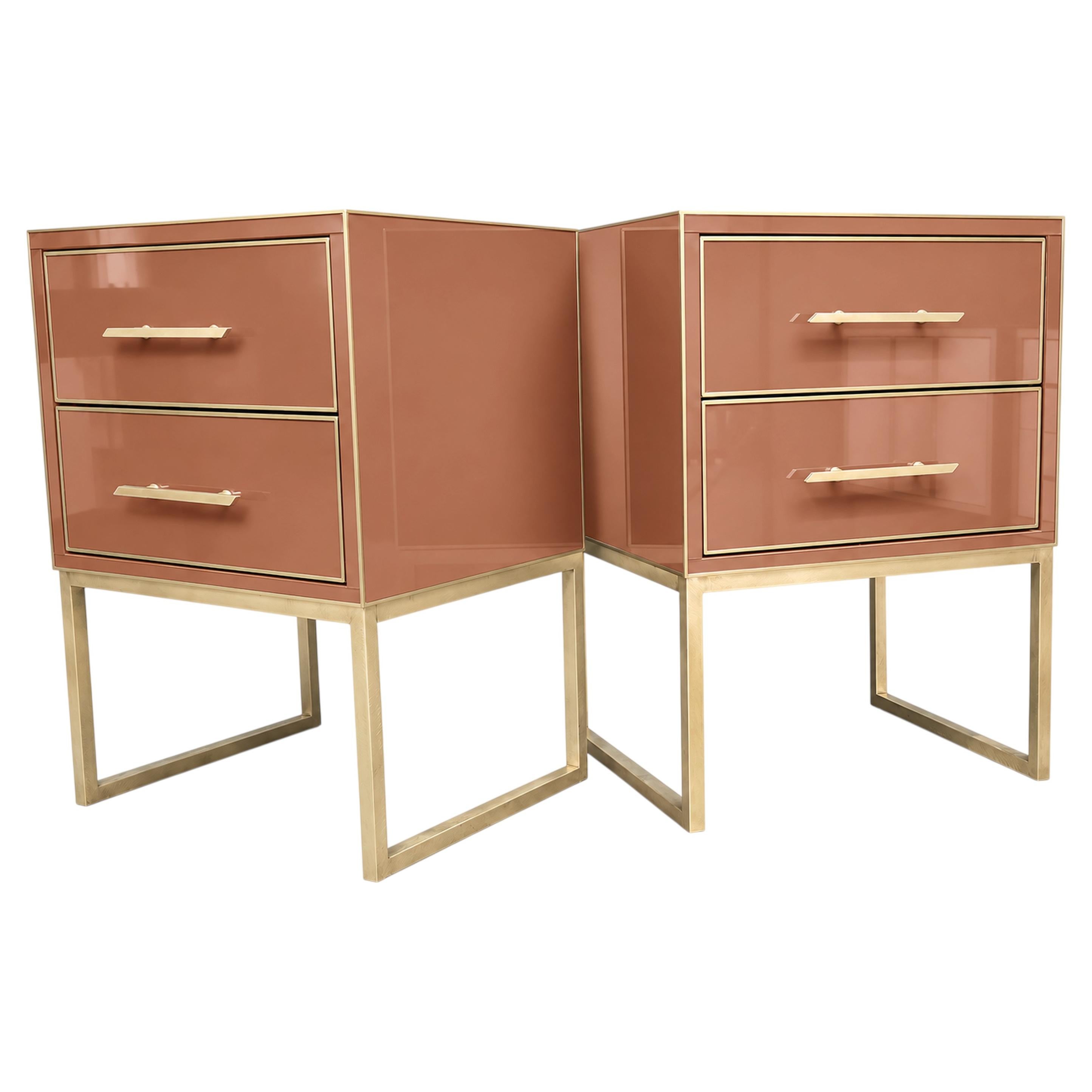 Blush Pink Glass and Brass Nightstands, Pair with Italian Plinth Base ...