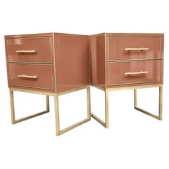 Terracotta Murano Glass and Brass Nightstands, Italian Two-Drawer Pair