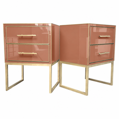 Terracotta Murano Glass and Brass Nightstands, Italian Two-Drawer Pair