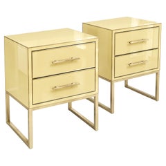Butter Yellow Murano Glass Nightstands with Brass Loop Bases, Italian Pair