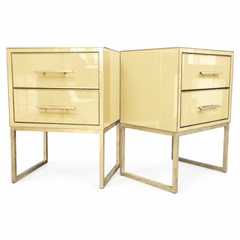 Butter Yellow Murano Glass Nightstands with Brass Loop Bases, Italian Pair