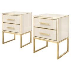 Ivory Murano Glass and Polished Brass Two-Drawer Nightstands, Pair