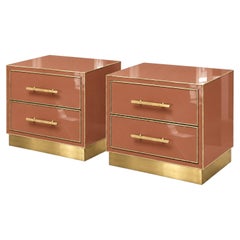 Terracotta Murano Glass Bedside Cabinets on a Brass Base, Pair