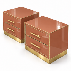Terracotta Murano Glass Bedside Cabinets on a Brass Base, Pair